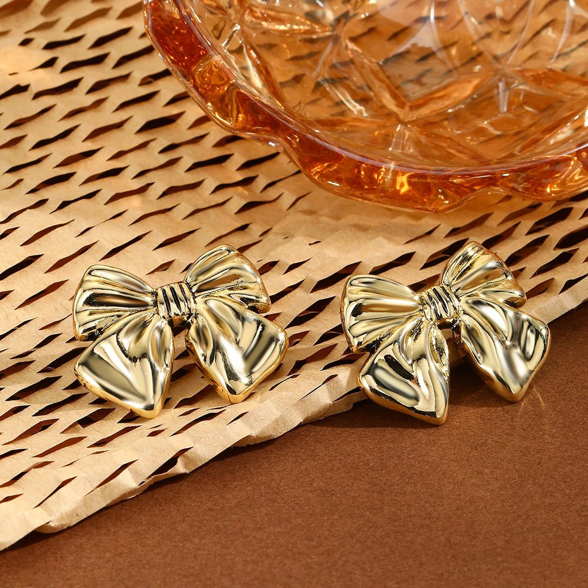 18K Gold Plated Ribbon Bow Stud Earrings