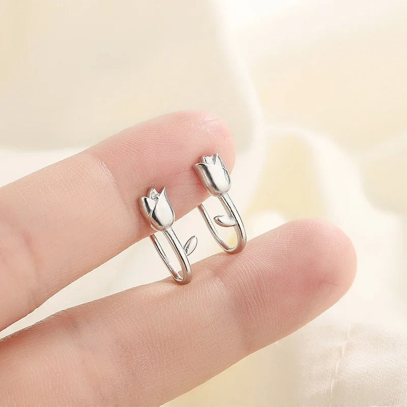 Sweet Tulip Flower Stud Earrings Silver