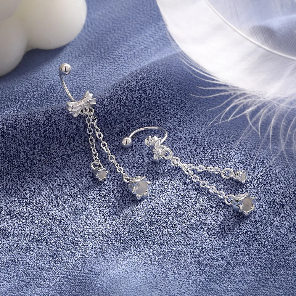 925 Sterling Silver Bow & Flower Fringe Drop Earrings