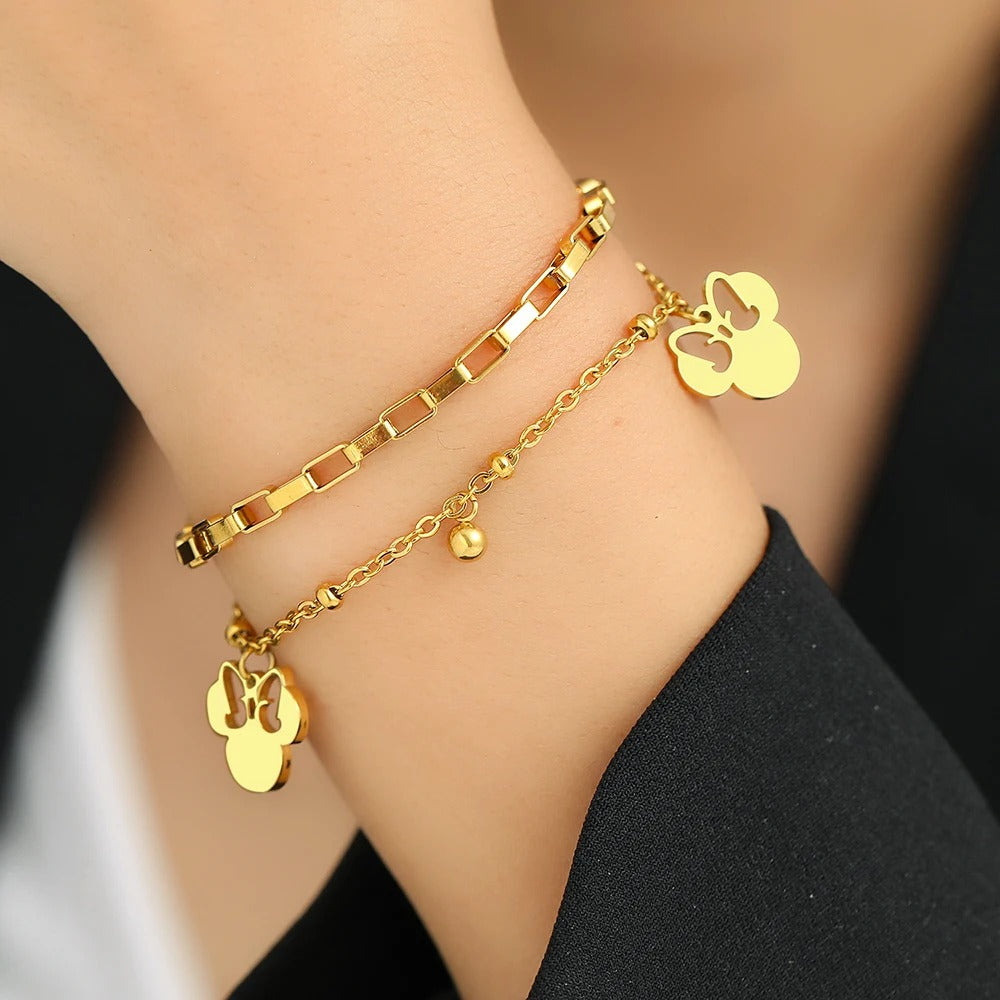Cartoon Bow Mouse Pendant Layered Chain Bracelet