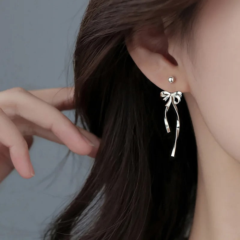 925 Sterling Silver Ribbon Bow Drop Earrings