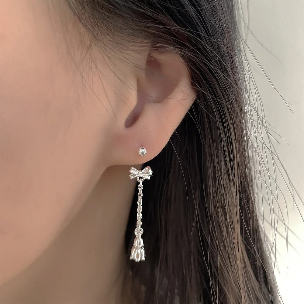 925 Sterling Silver Bow & Flower Fringe Drop Earrings