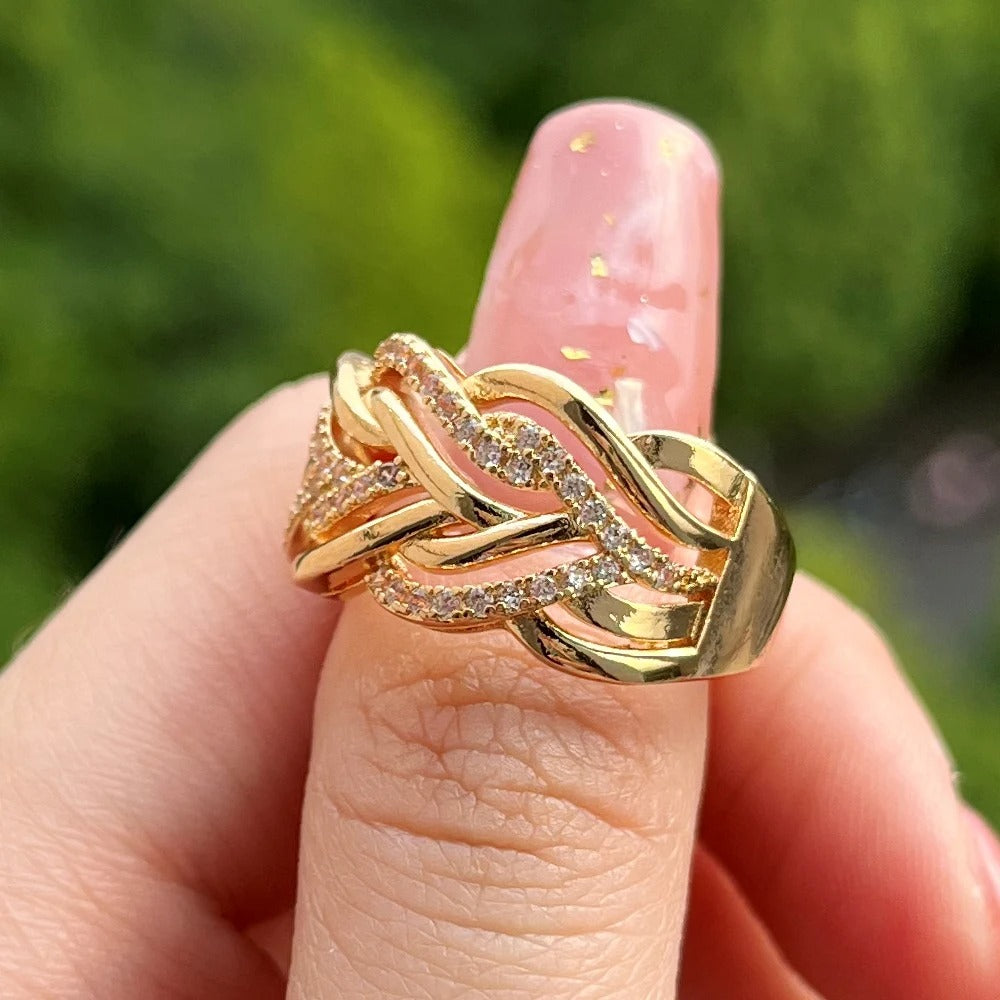 Huitan Gold Color Twist Design CZ Ring