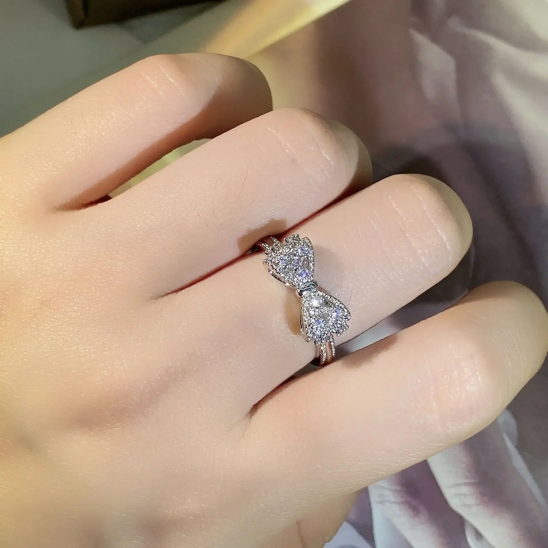 Fancy Bow CZ Silver Color Wedding Band Ring