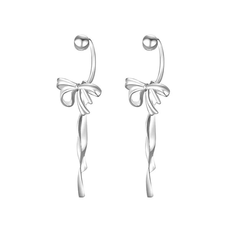 925 Sterling Silver Ribbon Bow Drop Earrings