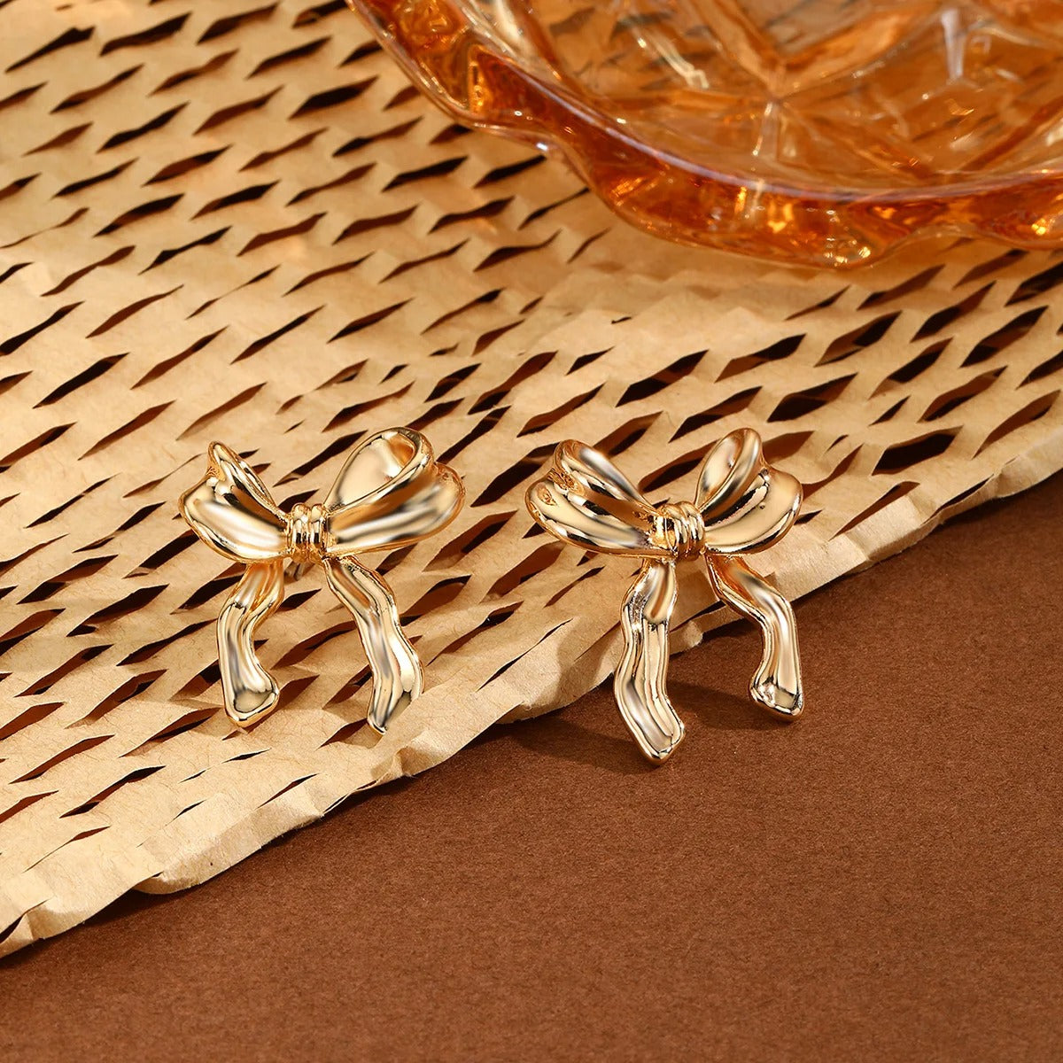 18K Gold Plated Ribbon Bow Stud Earrings