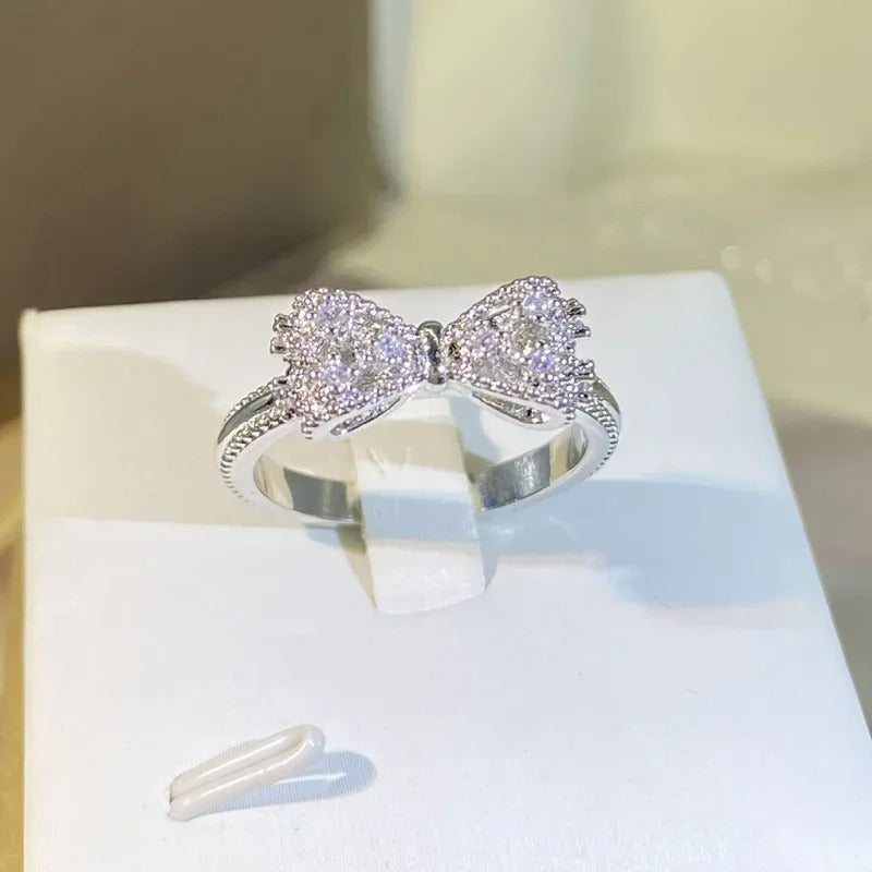 Fancy Bow CZ Silver Color Wedding Band Ring