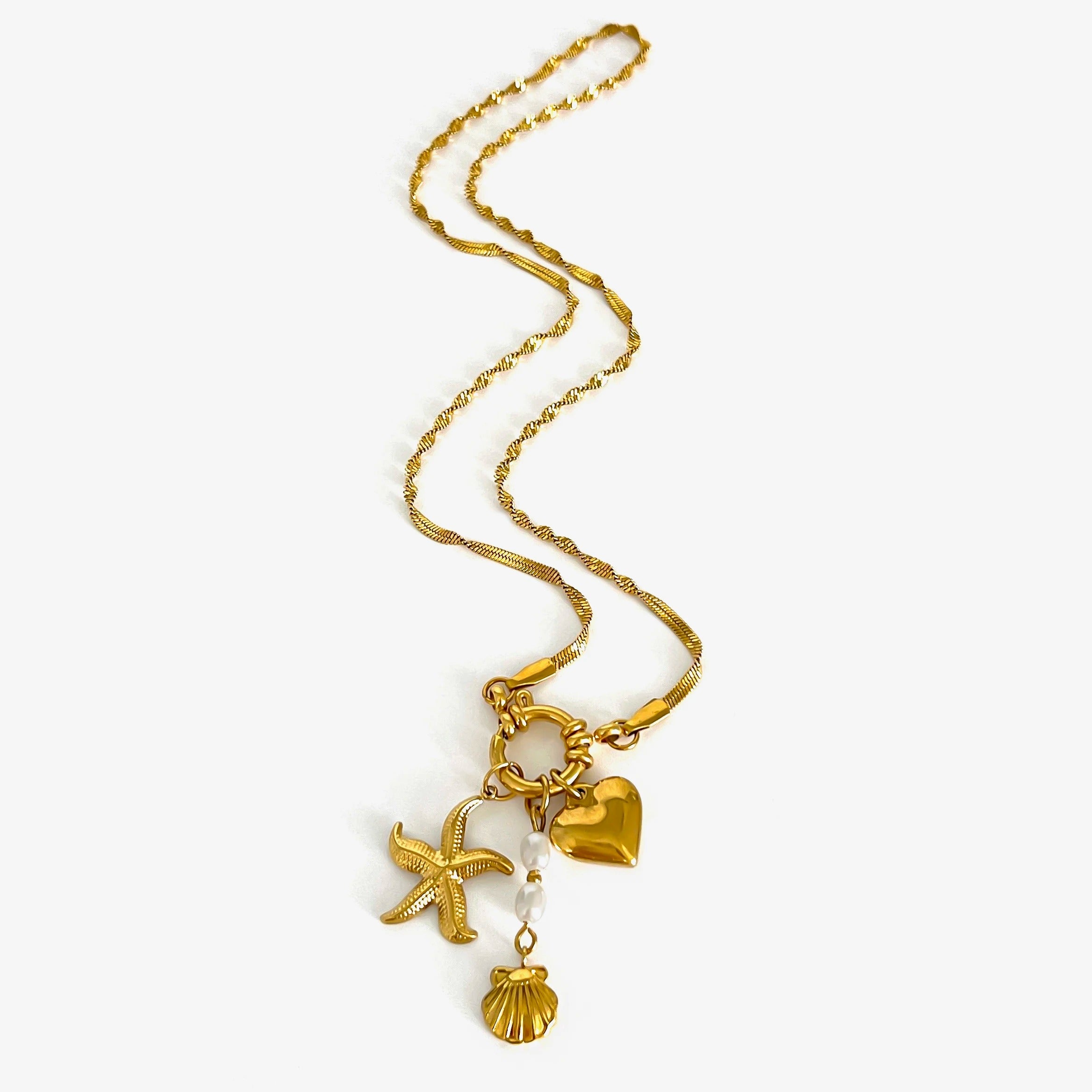 Chunky Heart & Starfish Shell Pendant Necklace