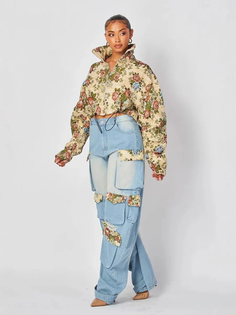 Women Fashion Floral Print Top And Jeans Two-Piece Set