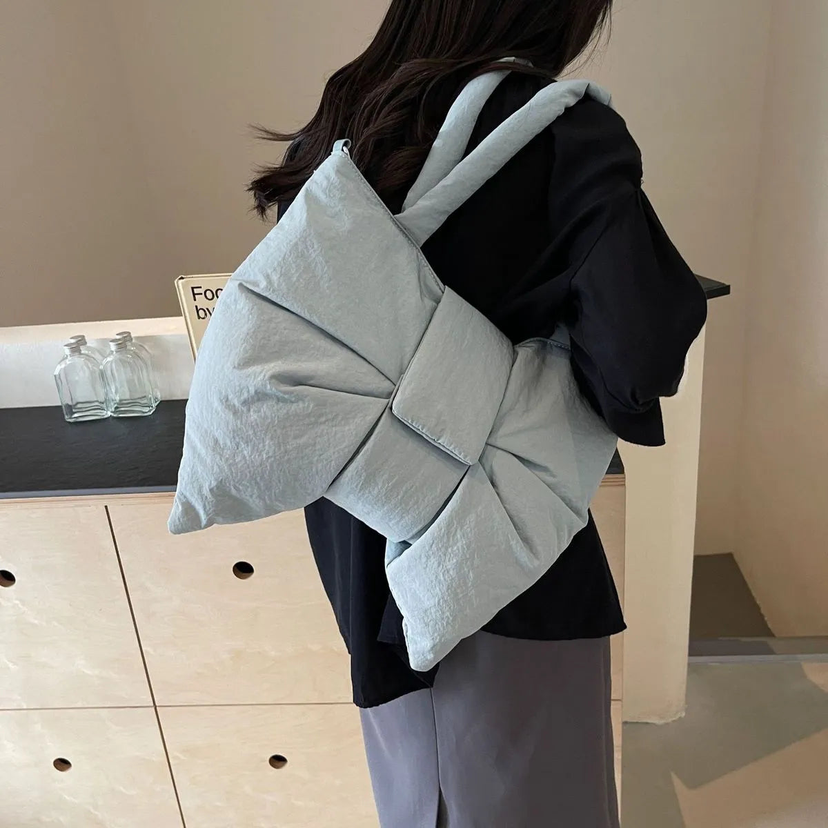 Women Fashion Elegant Solid Color Bowknot Nylon Cloth Shoulder Bag