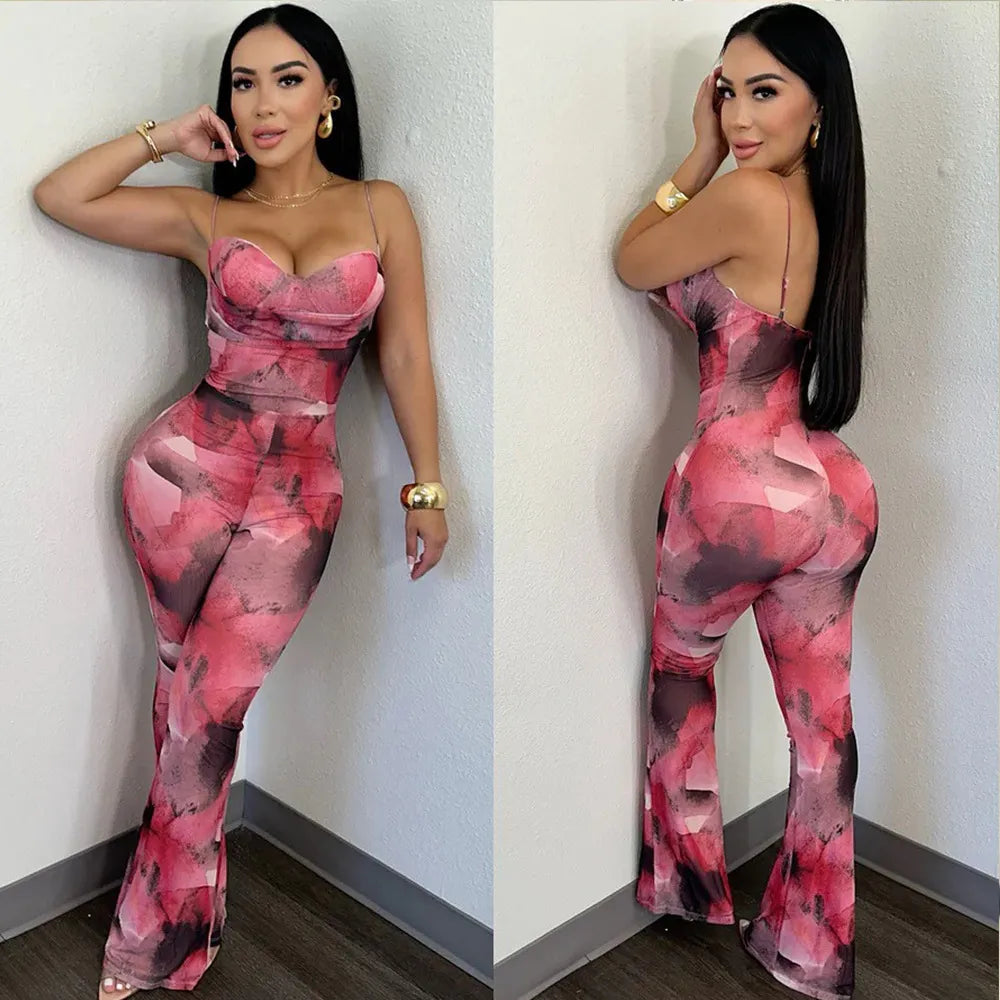 Women Sexy Printed Backless Jumpsuits