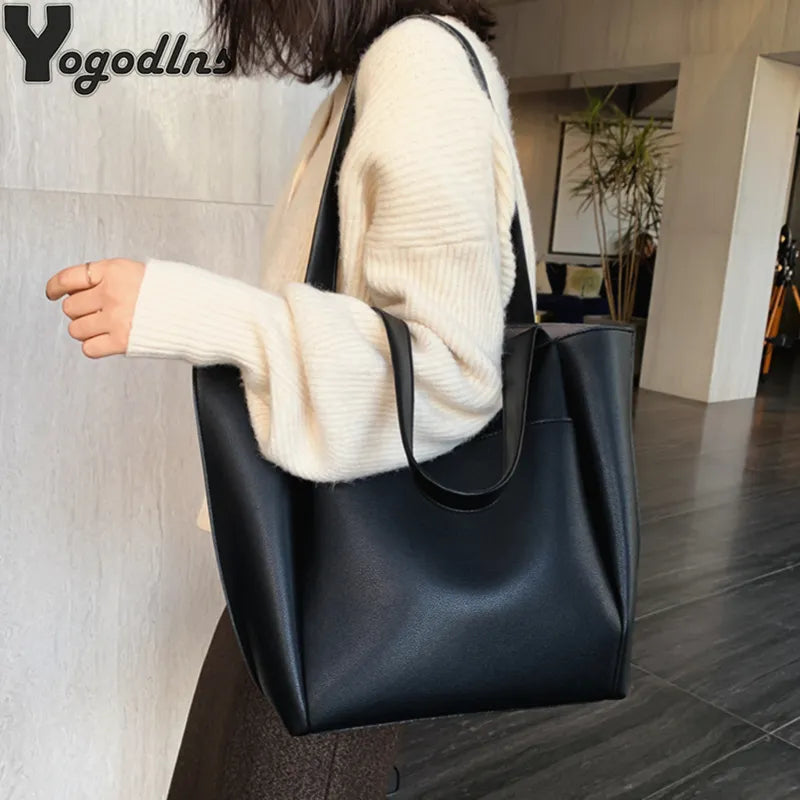 Basic Solid Color Large Capacity PU Shoulder Bag