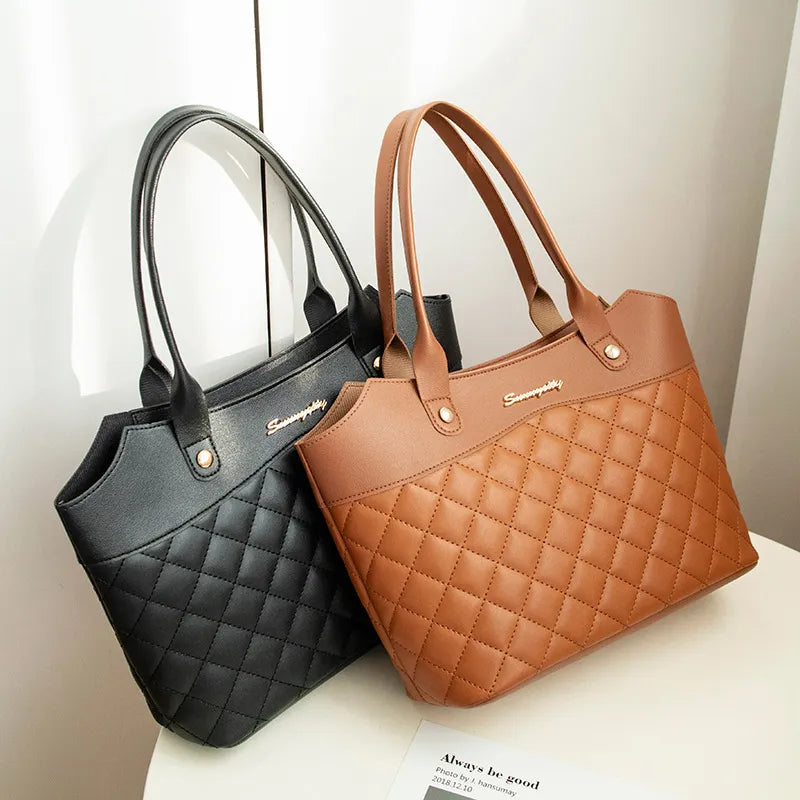 Women Vintage Stitching Design Solid Color Large Capacity Quilted Shoulder Handle Tote Bag