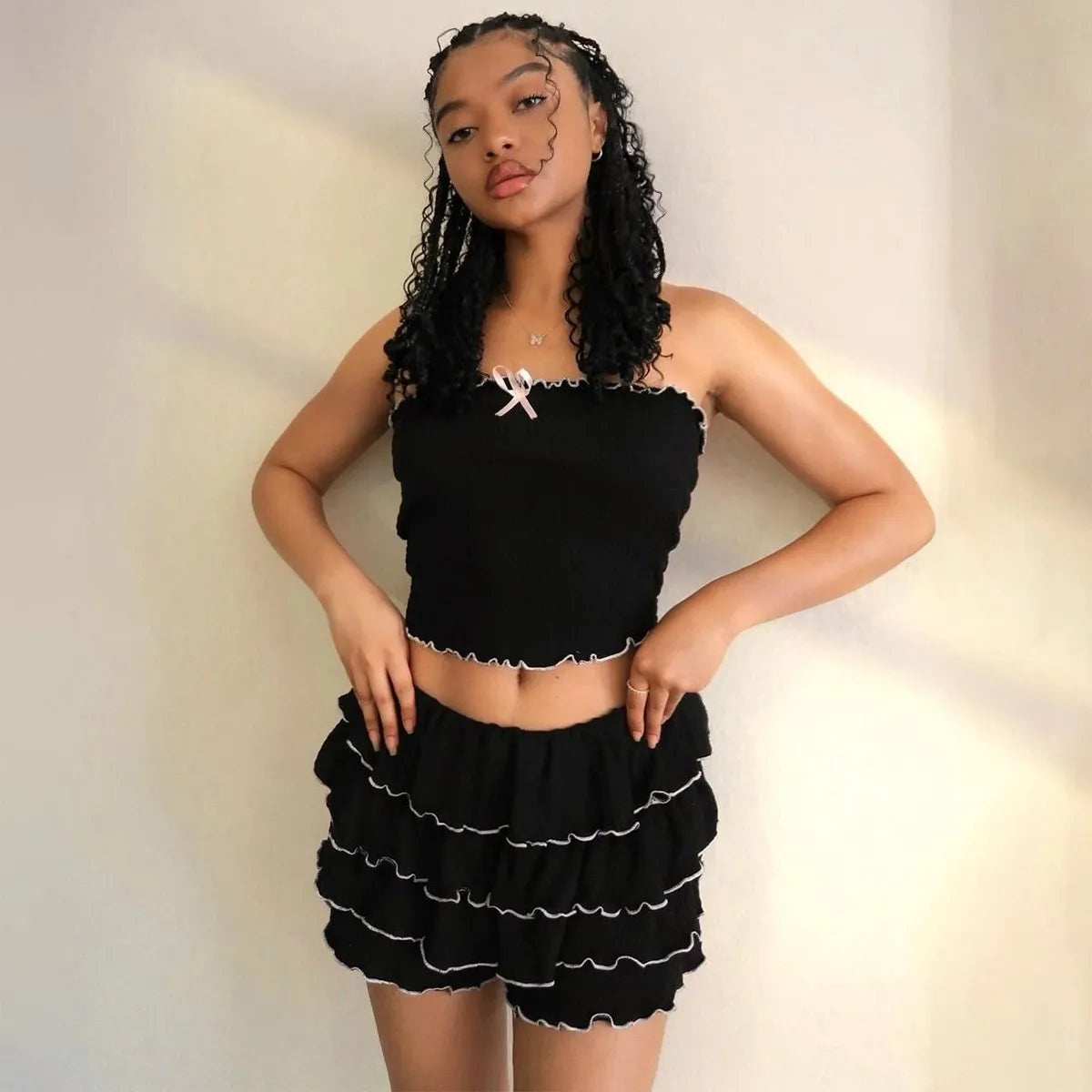 ummer Women Fashion Sexy Strapless Lace Top Shorts Two-Piece Set