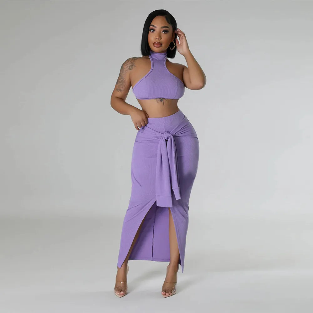 Women Fashion Sexy Solid Color Sleeveless Crop Top Split Lace-Up Skirts Two-Piece Set