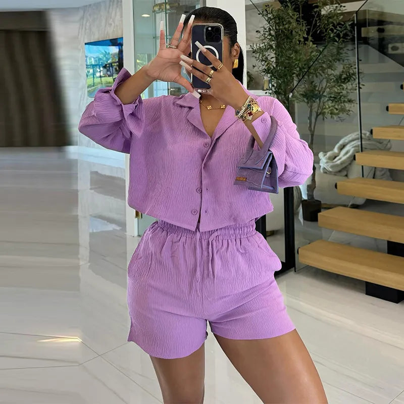Women Fashion Casual Solid Color Long Sleeve Lapel Top Drawstring Shorts Two-Piece Set
