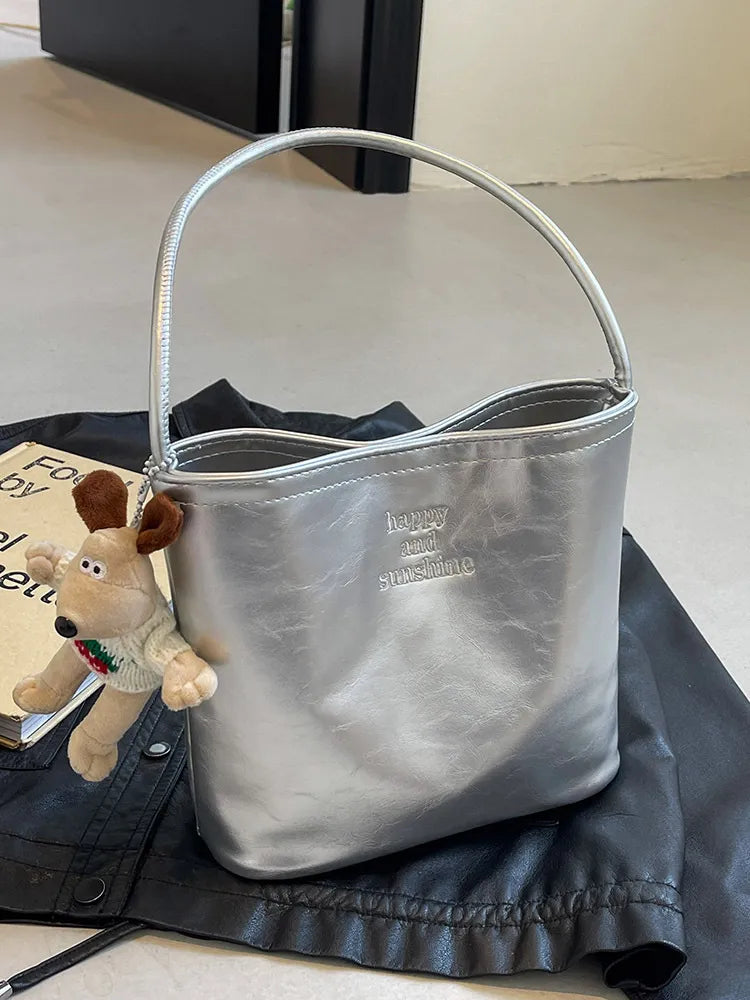 Women Fashion Casual Solid Color Pu Leather Bucket Shoulder Bag