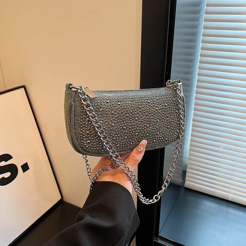 Women Fashion Square Rhinestone Zipper Shoulder Underarm Bag