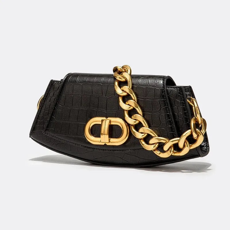 Women Vintage Flap Design Solid Color Crocodile Pattern PU Underarm Bag