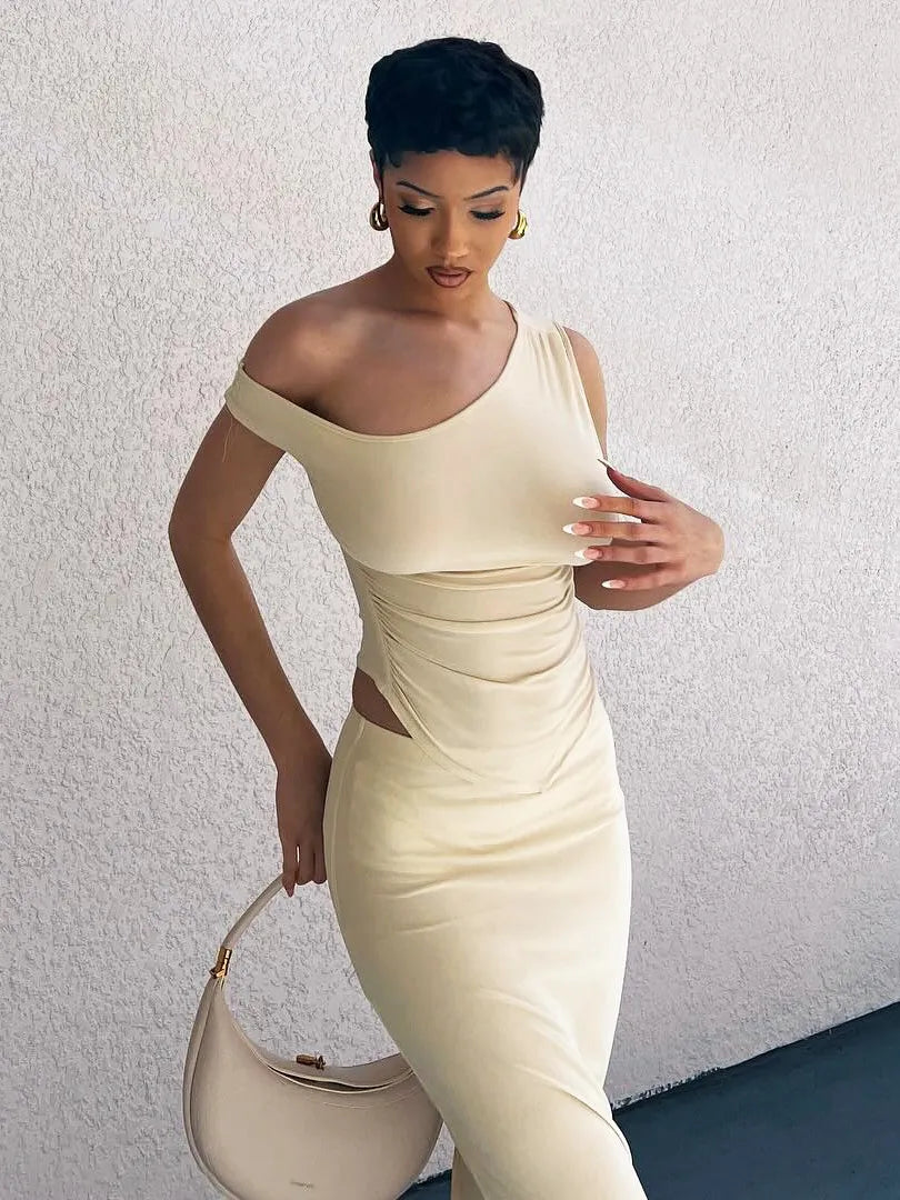 Women Fashion Sexy Slant Shoulder Sleeveless Top Slim Fit Skirt Two-Piece Set