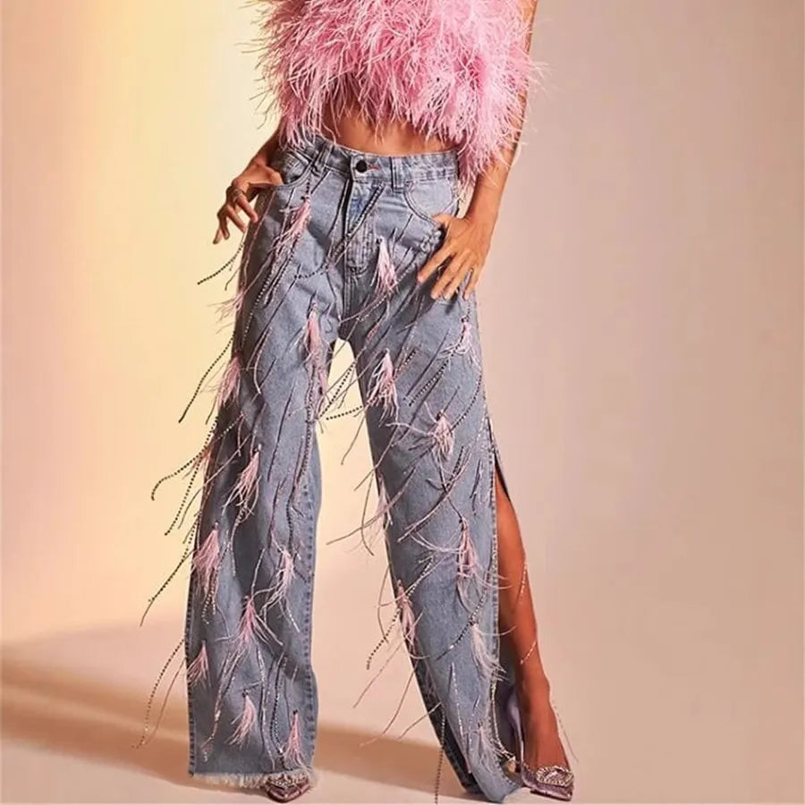 Feather Tassel Split Jeans