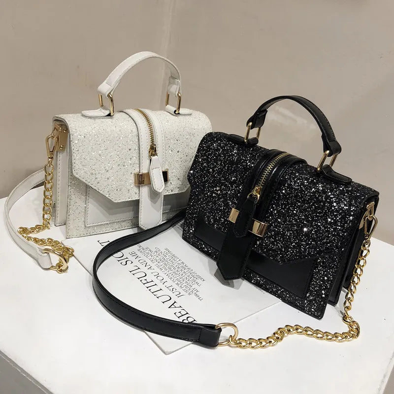 Women Chic Sequin Design Crossbody Handle Square Bag
