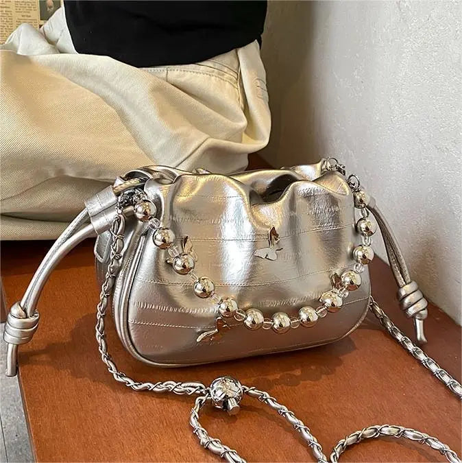 Women Fashion Elegant Solid Color Beaded Shoulder Bag