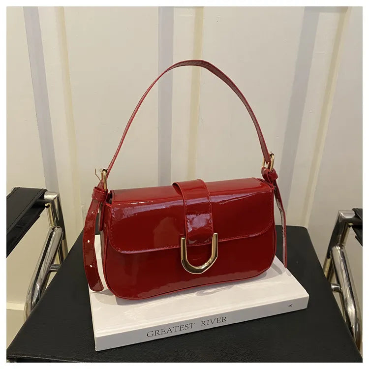 Women Fashion Retro Solid Color Bright Leather Shoulder Bag