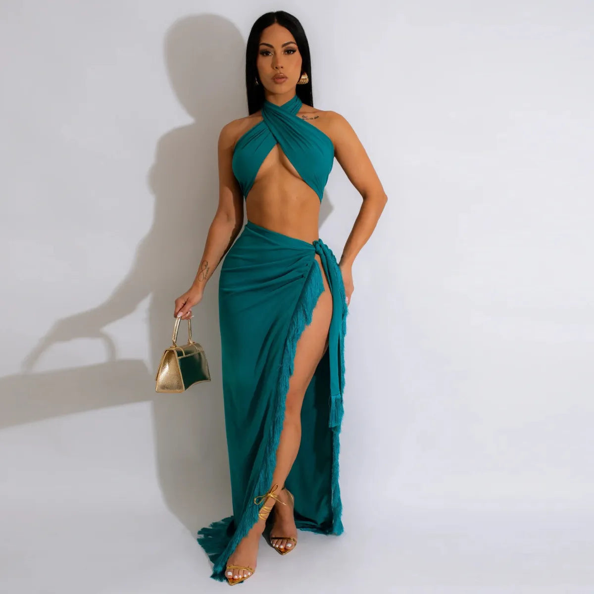 Women Fashion Sexy Halter Neck Wrap Chest Strap Top Tassel Split Skirt Two-Piece Set