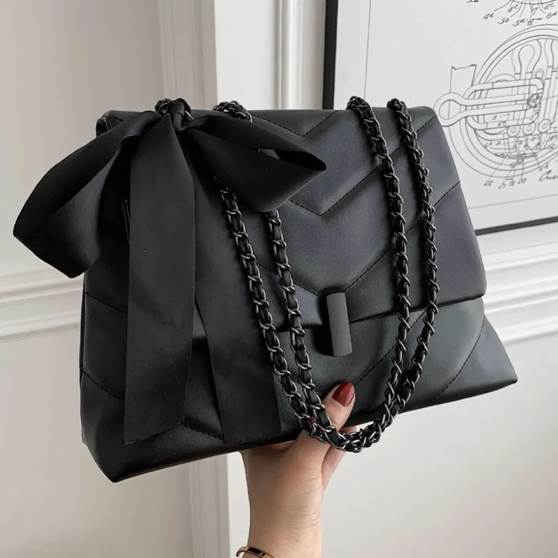 Women Autumn Elegant Chain Design Silk Scarf Decoration Solid Color PU Shoulder Bag