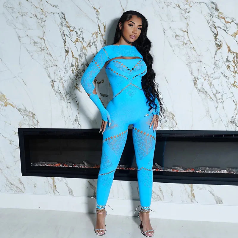 Women Sexy Solid Color Crewneck Long-Sleeved Hollow-Out Jumpsuits