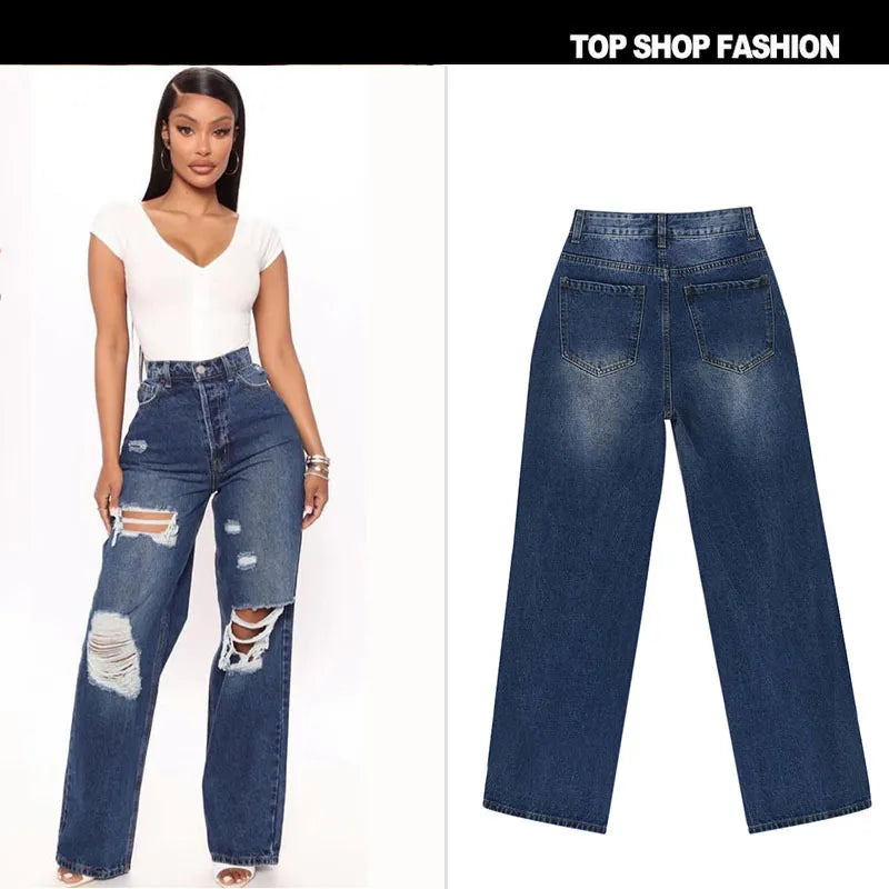 Women Simple High Waist Ripped Loose Straight Jeans