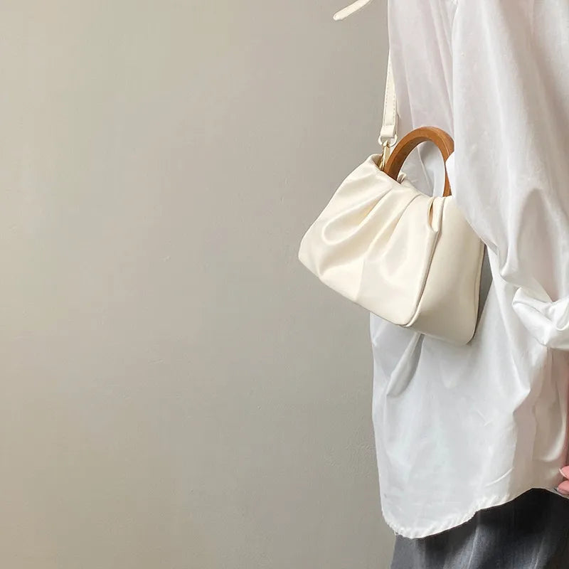 Wooden Handle Pleated Cloud Small Handbag Women One-Shoulder Mini Bag