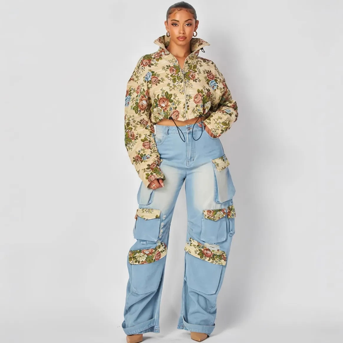 Women Fashion Floral Print Top And Jeans Two-Piece Set