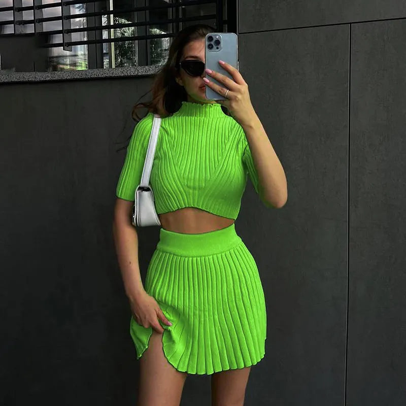 Women Fashion Simple Solid Color Pit Knitted Top Skirt Two-Piece Set