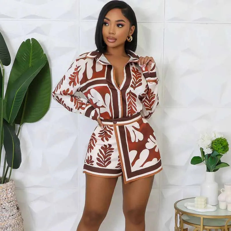 omen Two-Piece Long-Sleeved Fashionable Casual Summer Leaf Printed Shirt Shorts Set