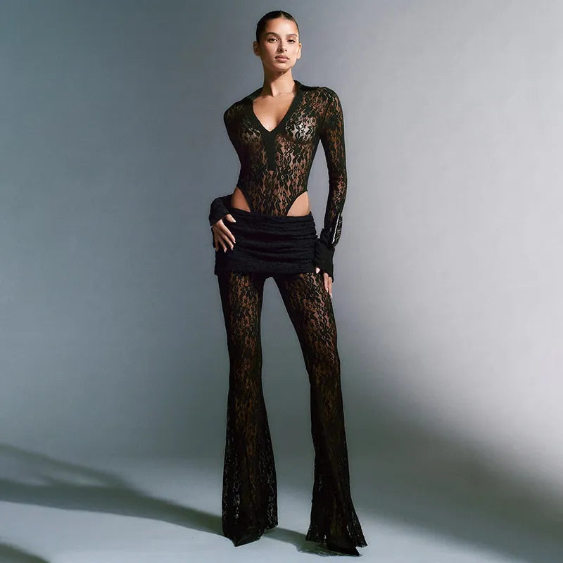 Women Fashion Sexy Deep V Lace Long Sleeve Bodysuits High Waist Perspective Flared Pants Two-Piece Set