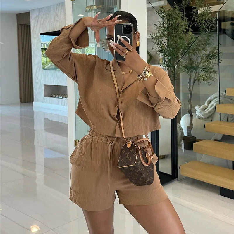 Women Fashion Casual Solid Color Long Sleeve Lapel Top Drawstring Shorts Two-Piece Set