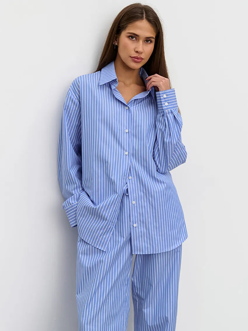 Women Fashion Casual Stripe Lapel Long Sleeve Shirt High Waist Pants Two-Piece Set