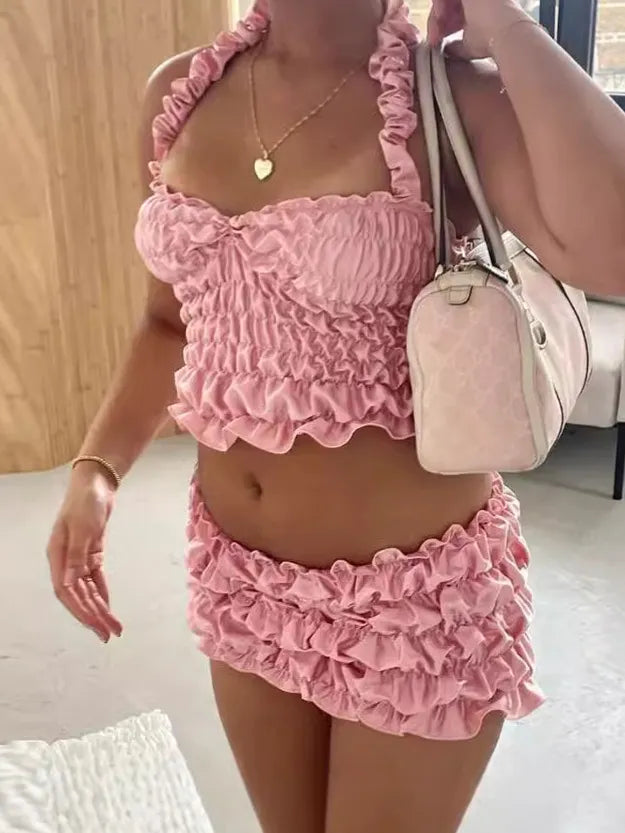 Women Sexy Solid Color Pleated Halter Top And Skirt Two-Piece Set