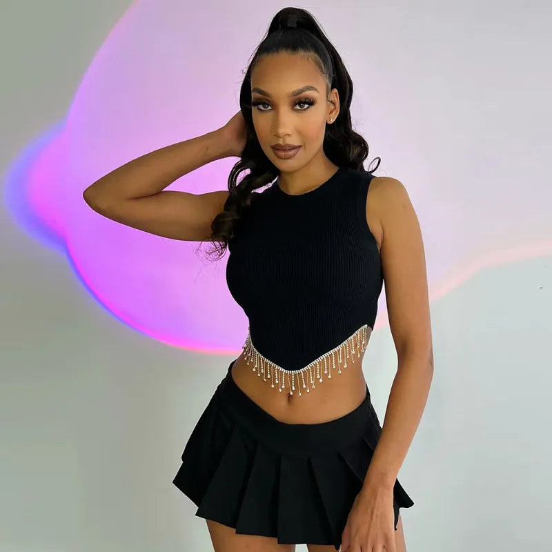 Women'S Fashion Metal Chain Round Neck Crop Sleeveless Top