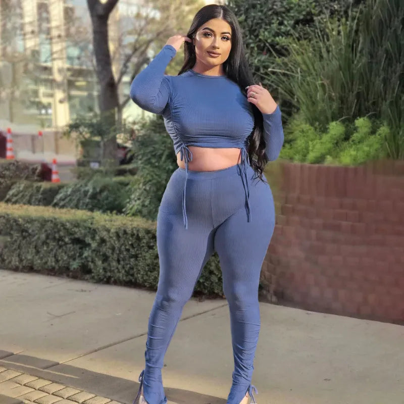 Plus Size Women Casual Solid Color Rib-Knit Long Sleeve Drawstring T-Shirt Pants Set