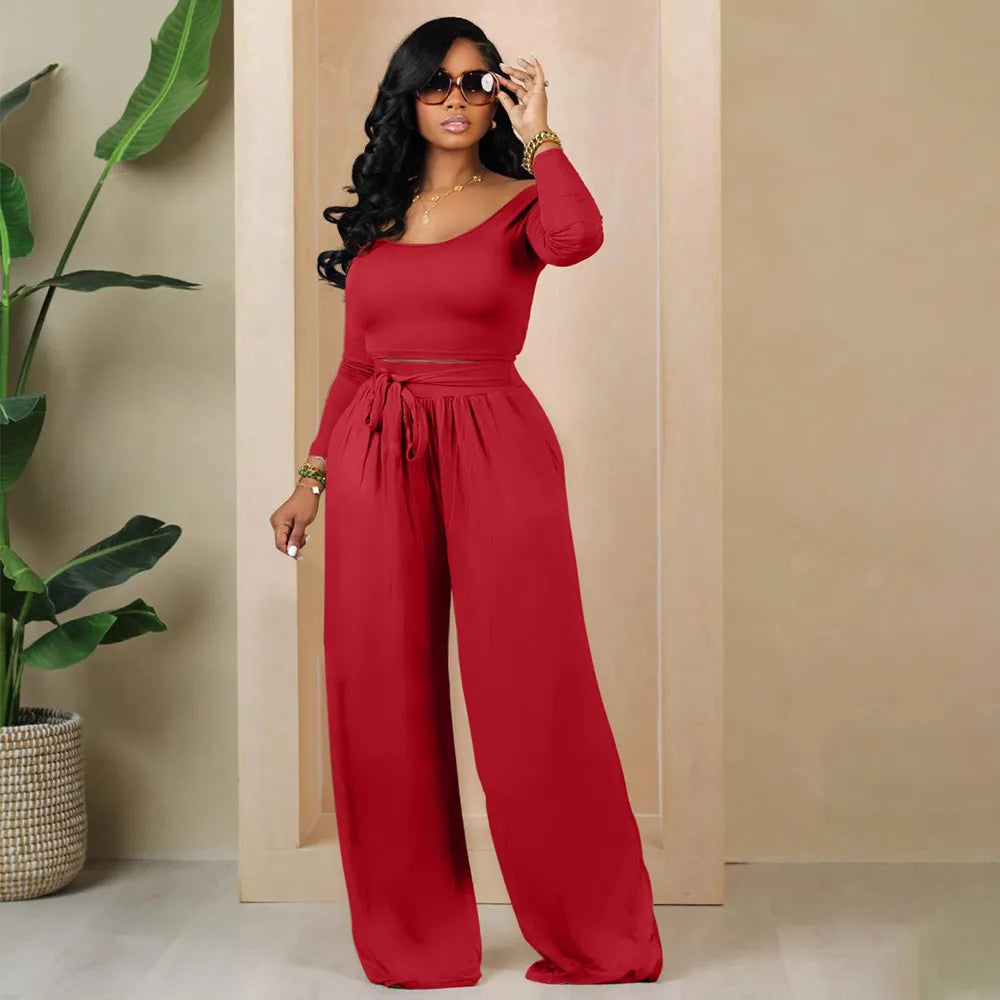 Women Fashion Casual Solid Color Long Sleeve Top Lace Wide Leg Pants Two-Piece Set