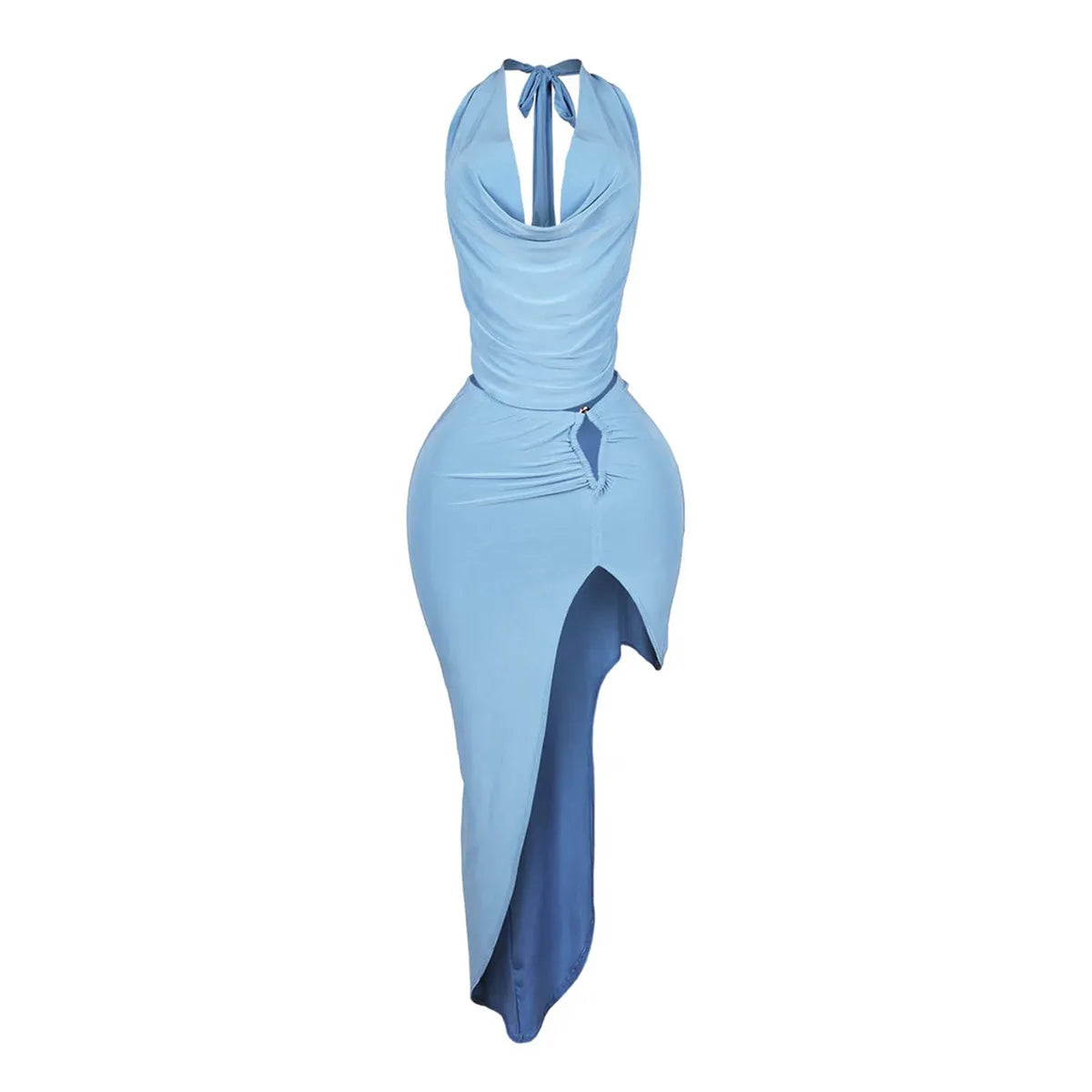 Women Fashion Sexy Solid Color Halter-Neck Backless Top Split Skirt Two-Piece Set