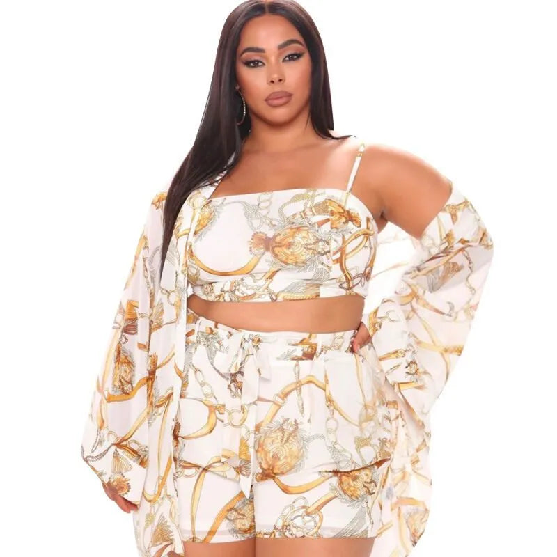 Women Sexy Casual Plus Size Printed Loose Camisole Shorts Coat Three-Piece Set