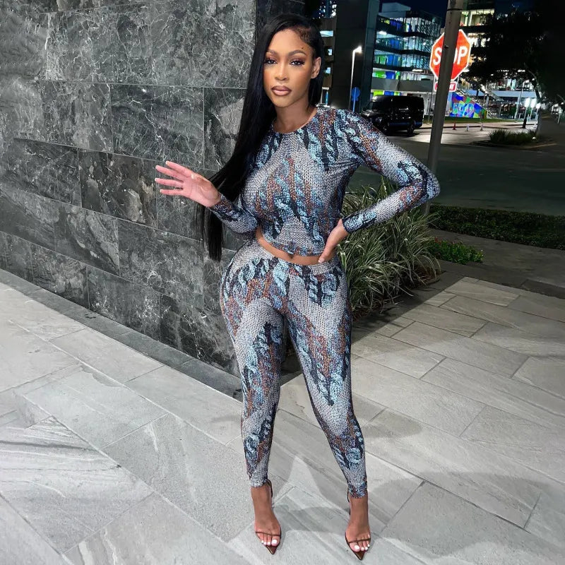 Spring Round Neck Long-Sleeved Slim-Fit Crop Top High Waist Printed Trousers Women Set