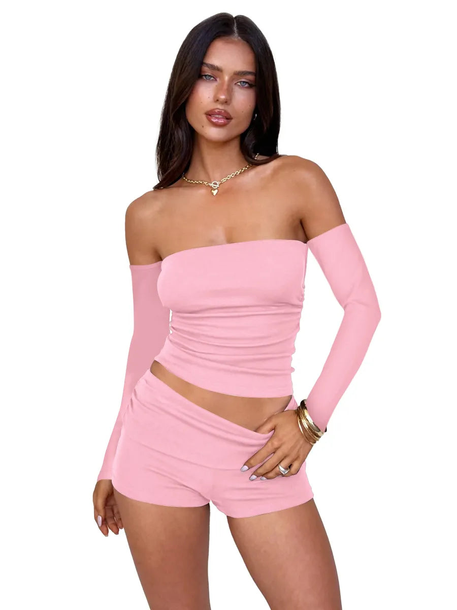 Women Fashion Sexy Solid Color Off Shoulder Long-Sleeve Top Slim-Fit Short Two-Piece Set