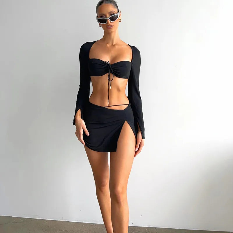 Women Sexy Lace-Up Long-Sleeved Crop Top Fashion Slit Skirt Two-Piece Set