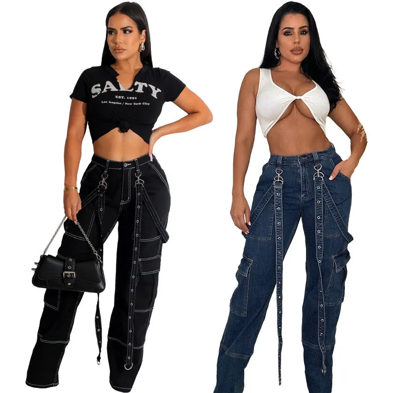 Women Fashion Loose Casual Multi-Pocket Denim Cargo Pants