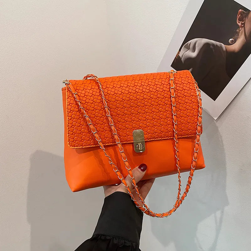 Women Fashion Solid Color Splicing Chain Shoulder Bag